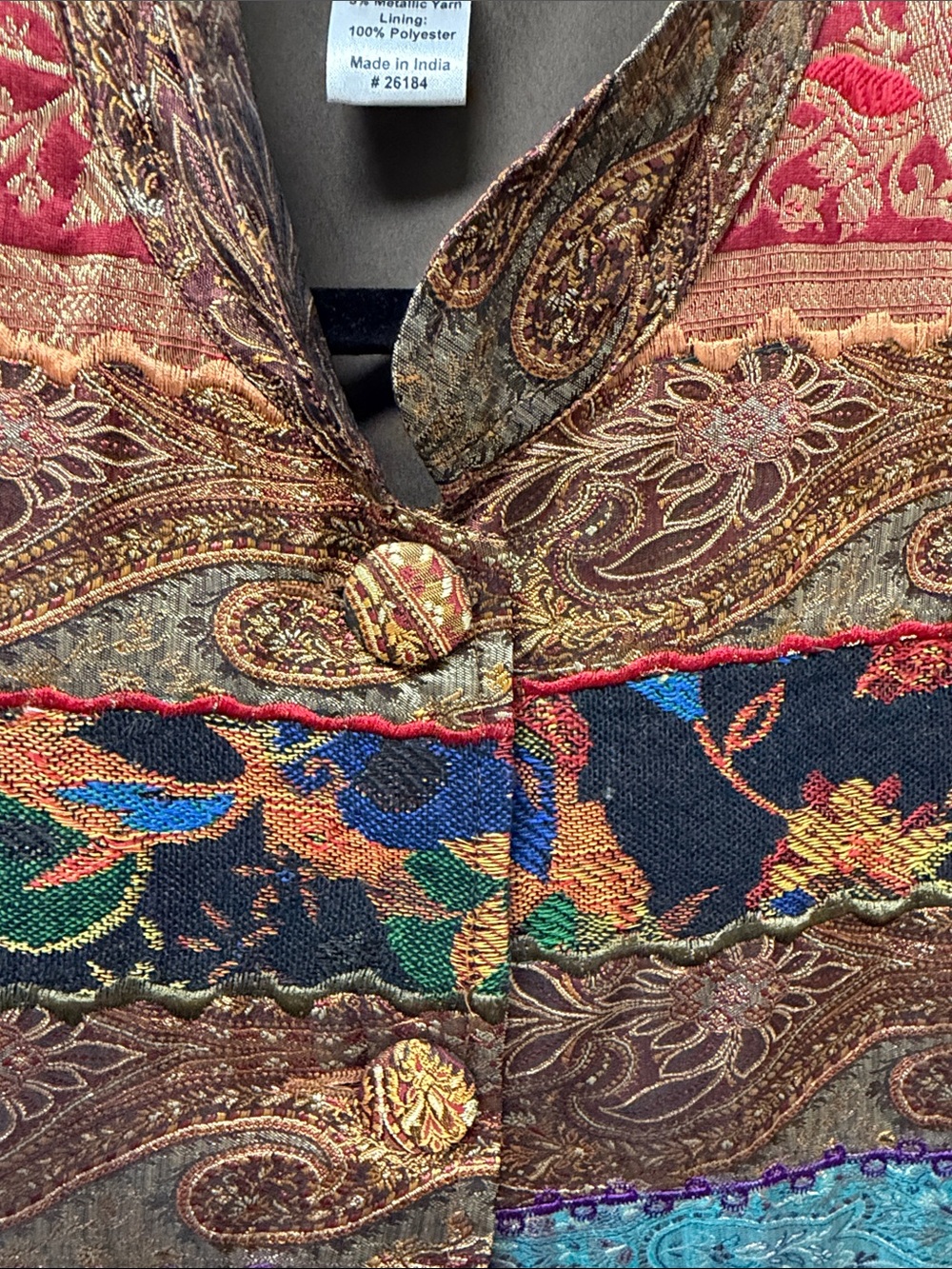 TravelSmith Jewel-Tone Patchwork Silk Blend Paisley Button Boho Vest Size L - Picture 9 of 9